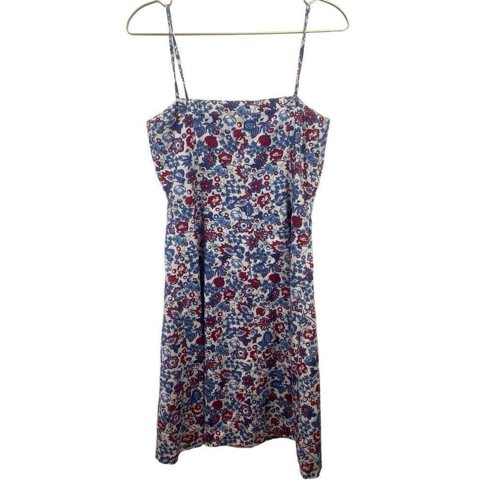 Vintage Ann Taylor 100% Cotton Square Neck Red Blue Floral Dress Size S 4
